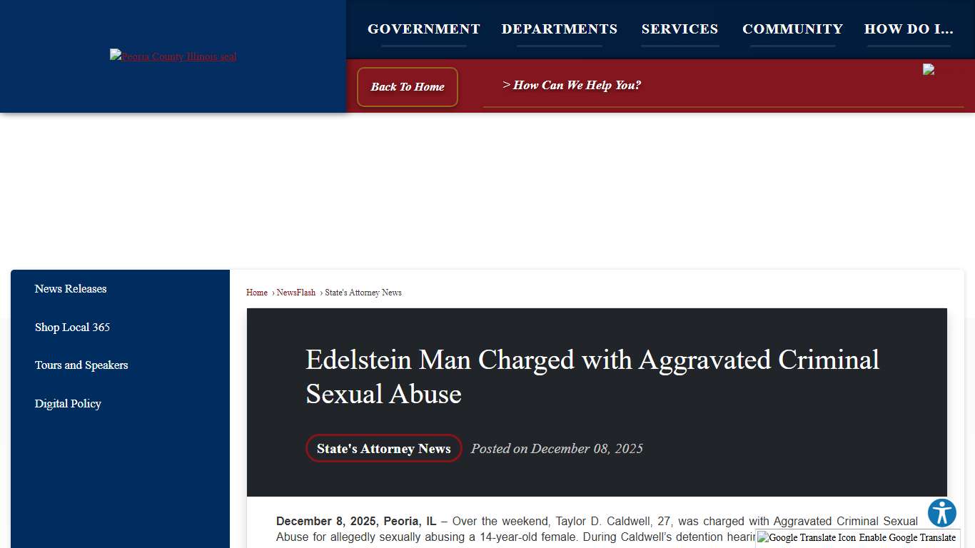 Edelstein Man Charged with Aggravated Criminal Sexual Abuse • Peoria County, IL